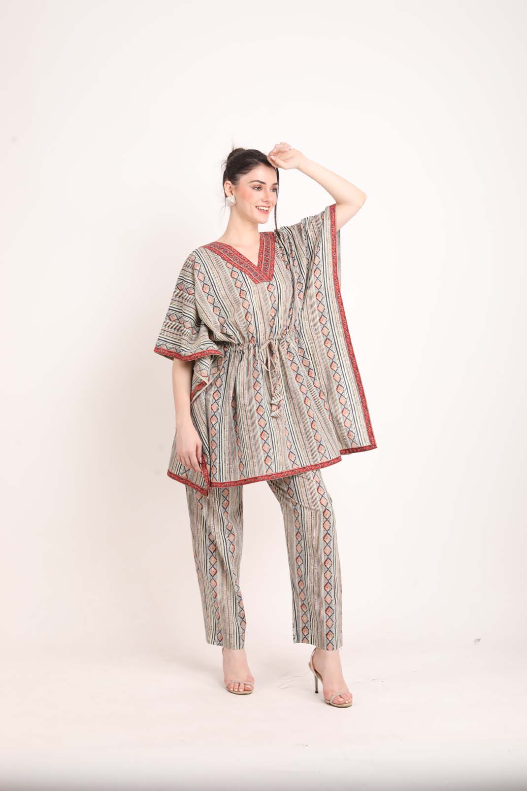 Grey Striped Line Kaftan Coord Set UCEN22174