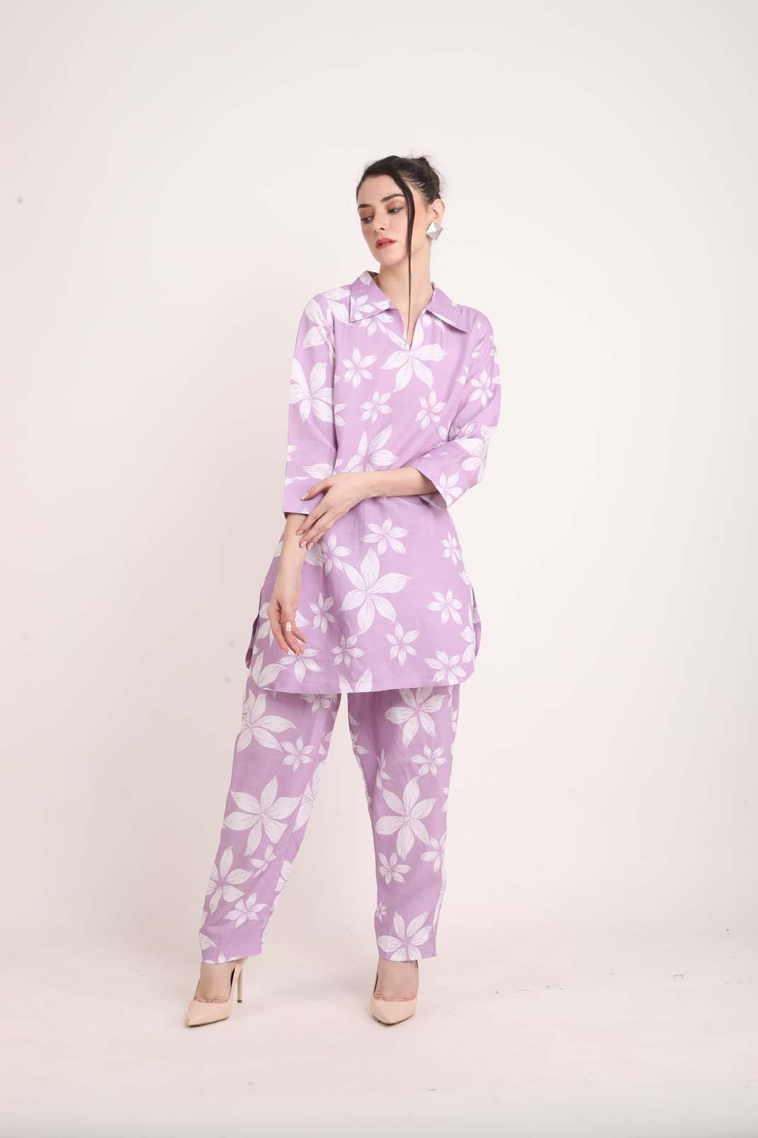 Lavender Linen Floral Printed Co-Ord Set UCEN22157