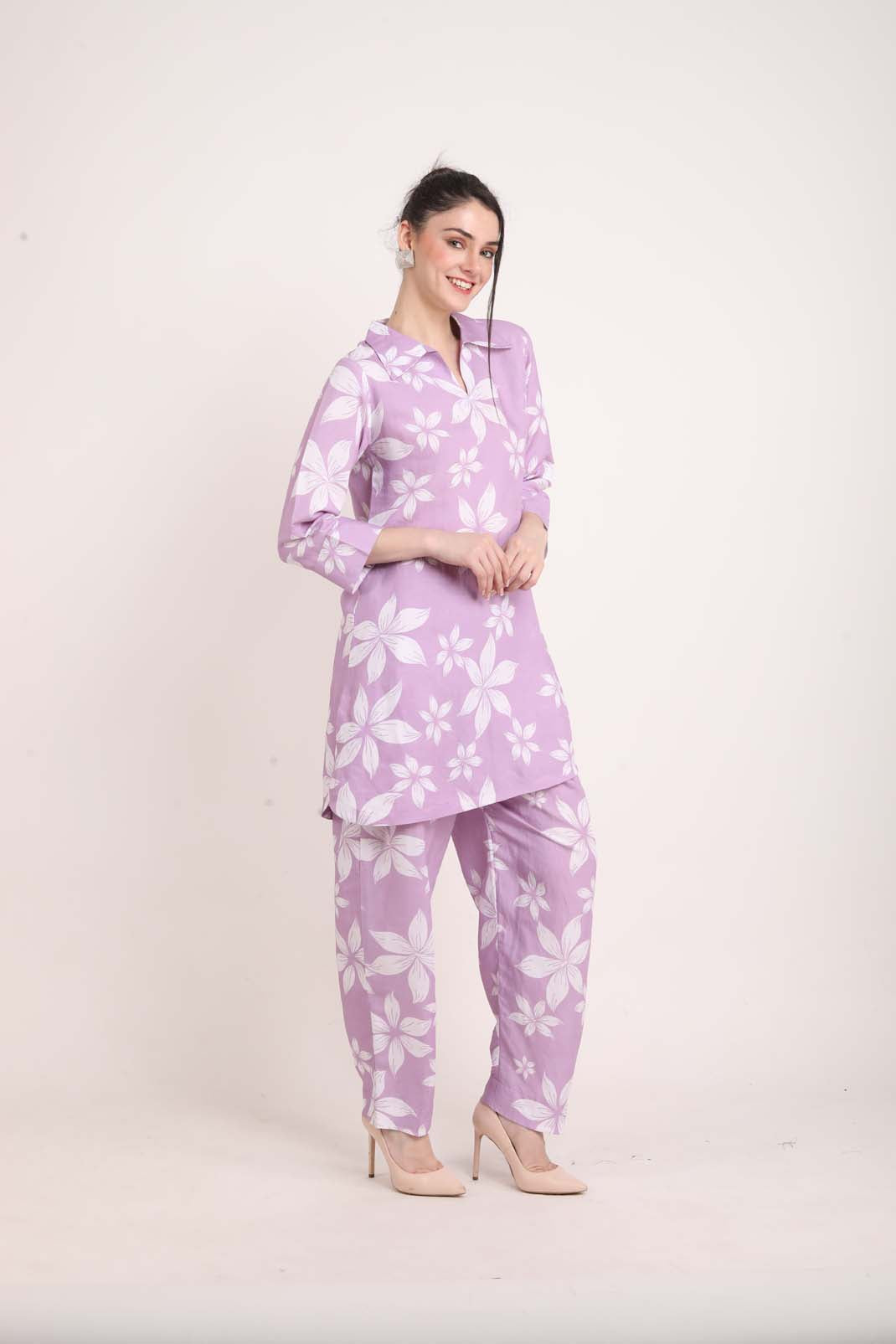 Lavender Linen Floral Printed Co-Ord Set UCEN22157