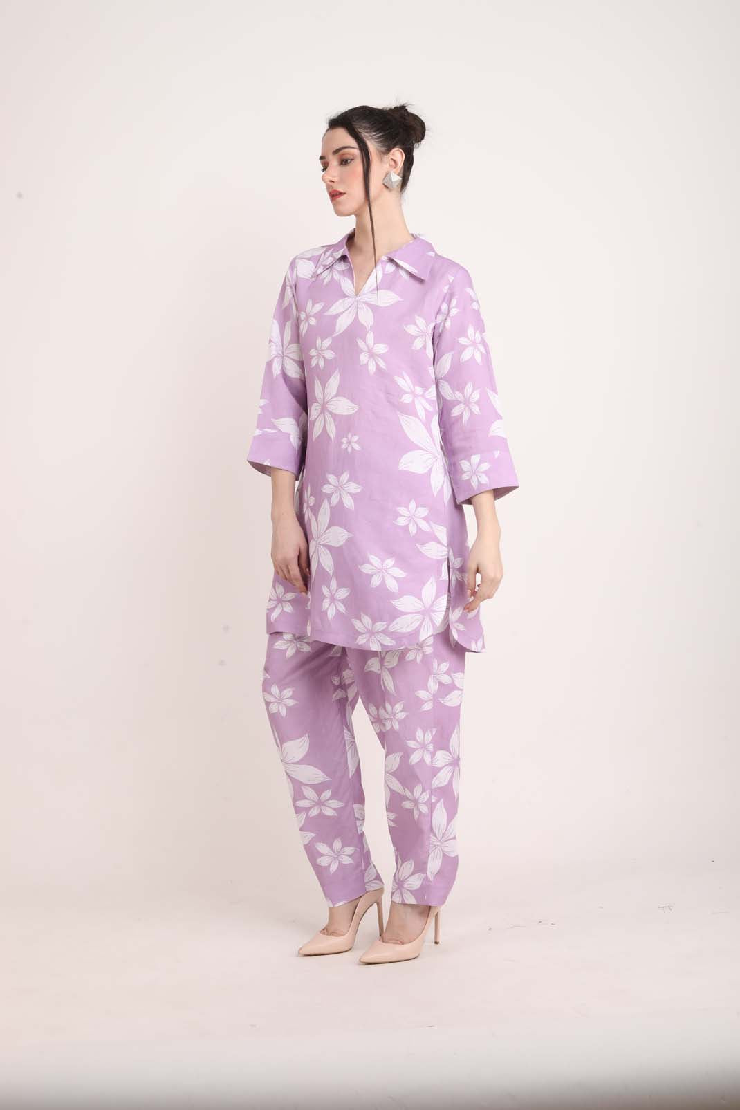 Lavender Linen Floral Printed Co-Ord Set UCEN22157