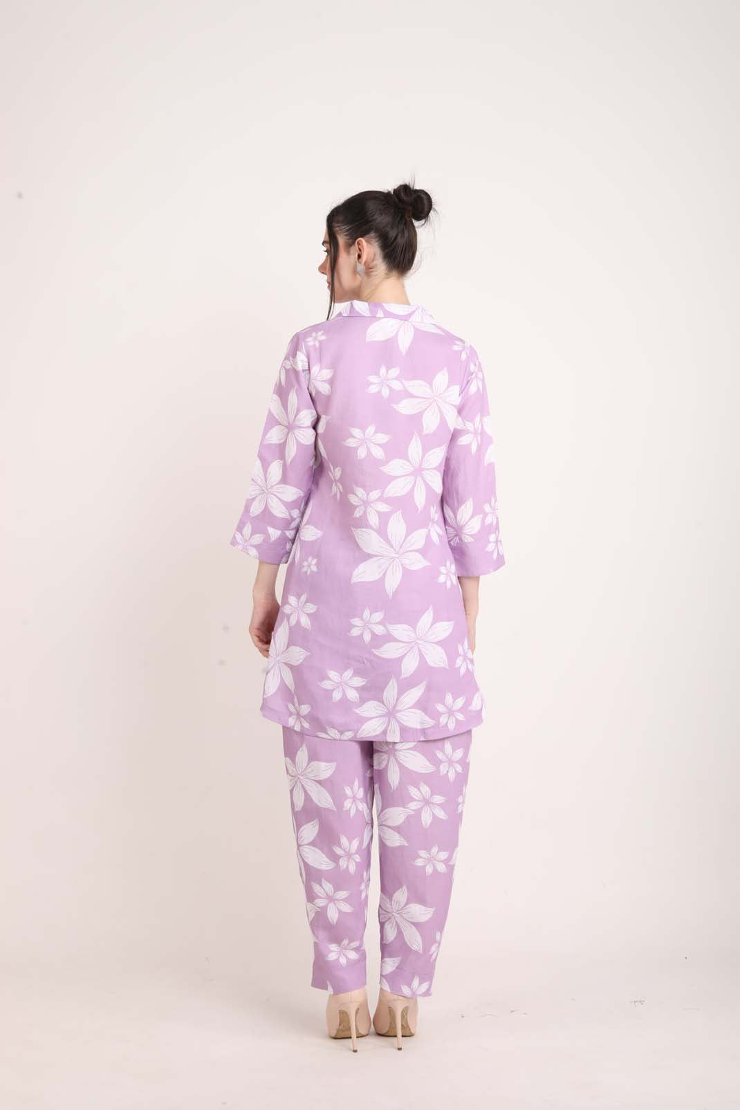 Lavender Linen Floral Printed Co-Ord Set UCEN22157