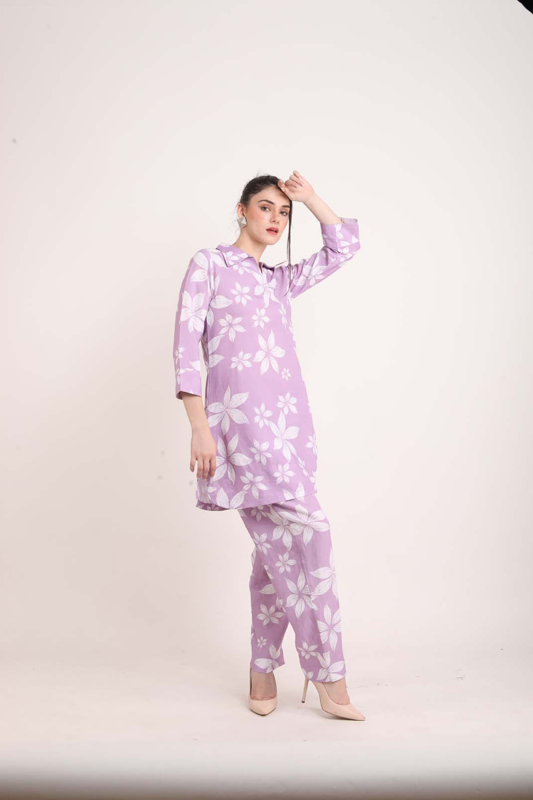 Lavender Linen Floral Printed Co-Ord Set UCEN22157