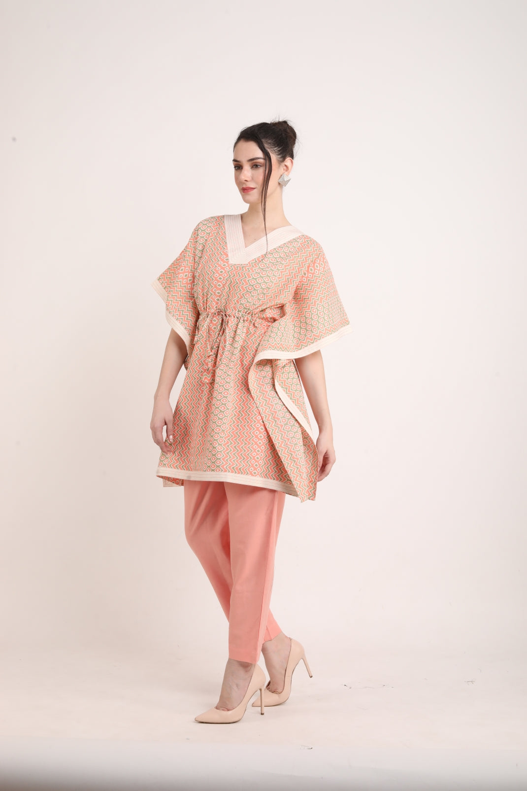 Peach Colored Kaftan Style Summer Co-ord Set With Saffron Print UCEN22169