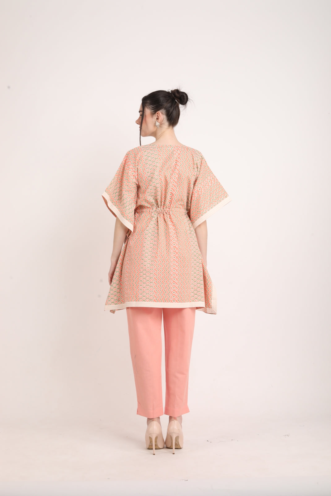 Peach Colored Kaftan Style Summer Co-ord Set With Saffron Print UCEN22169