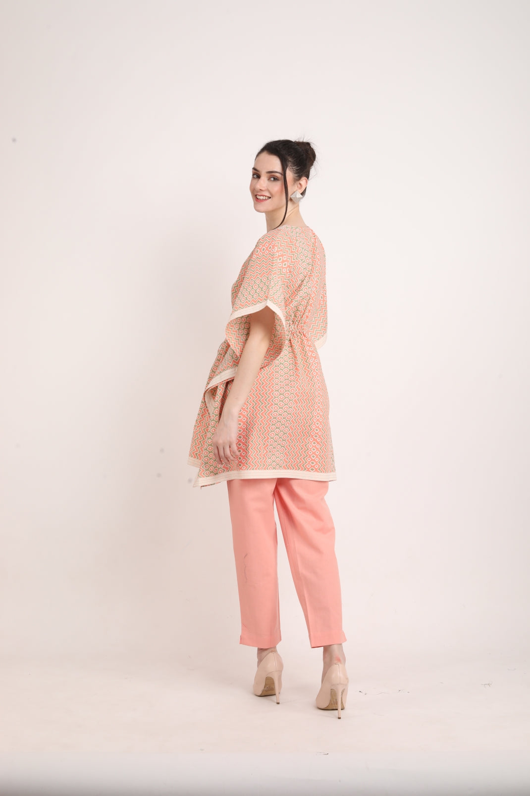 Peach Colored Kaftan Style Summer Co-ord Set With Saffron Print UCEN22169