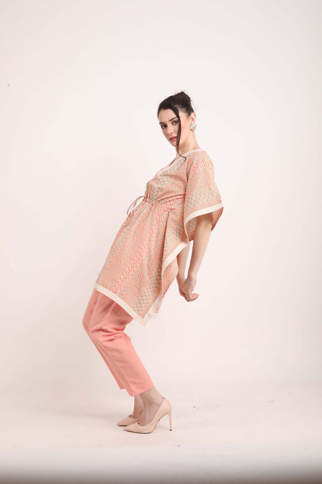 Peach Colored Kaftan Style Summer Co-ord Set With Saffron Print UCEN22169