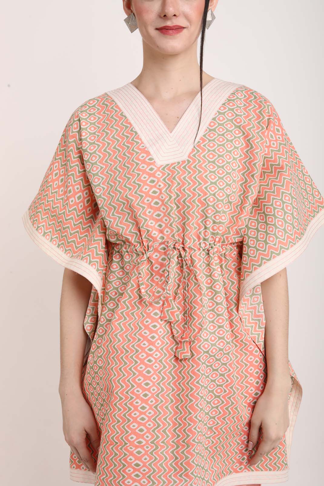 Peach Colored Kaftan Style Summer Co-ord Set With Saffron Print UCEN22169