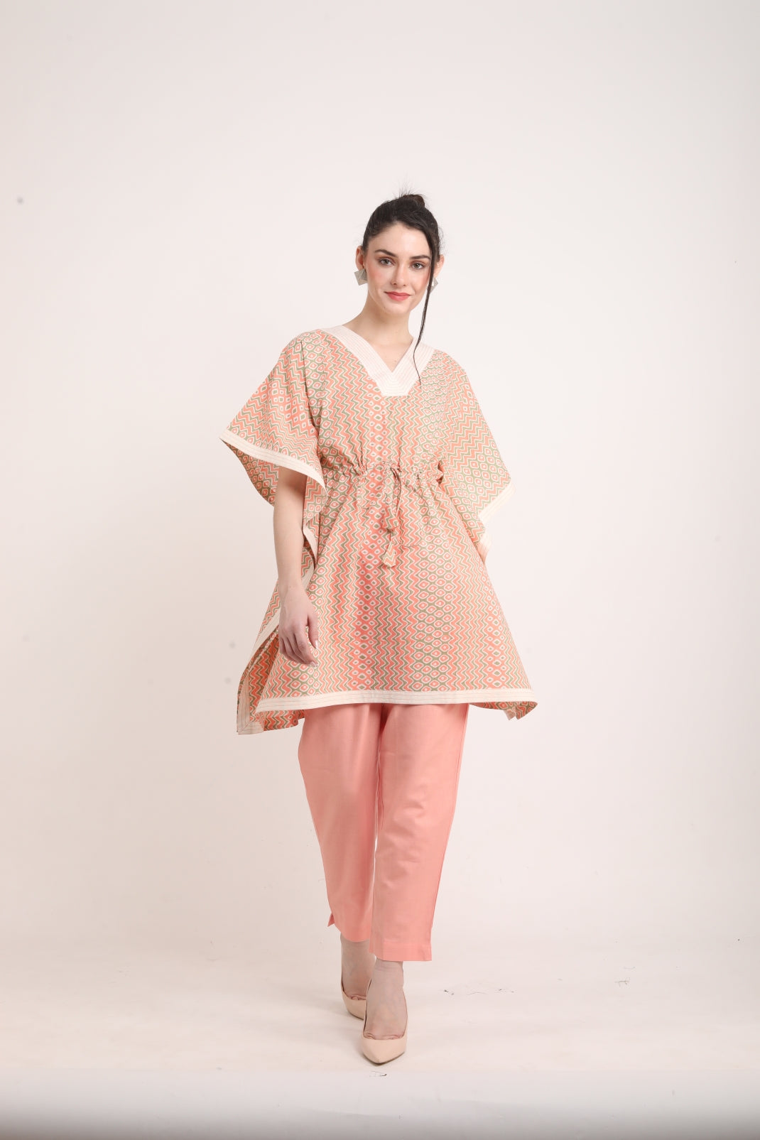 Peach Colored Kaftan Style Summer Co-ord Set With Saffron Print UCEN22169