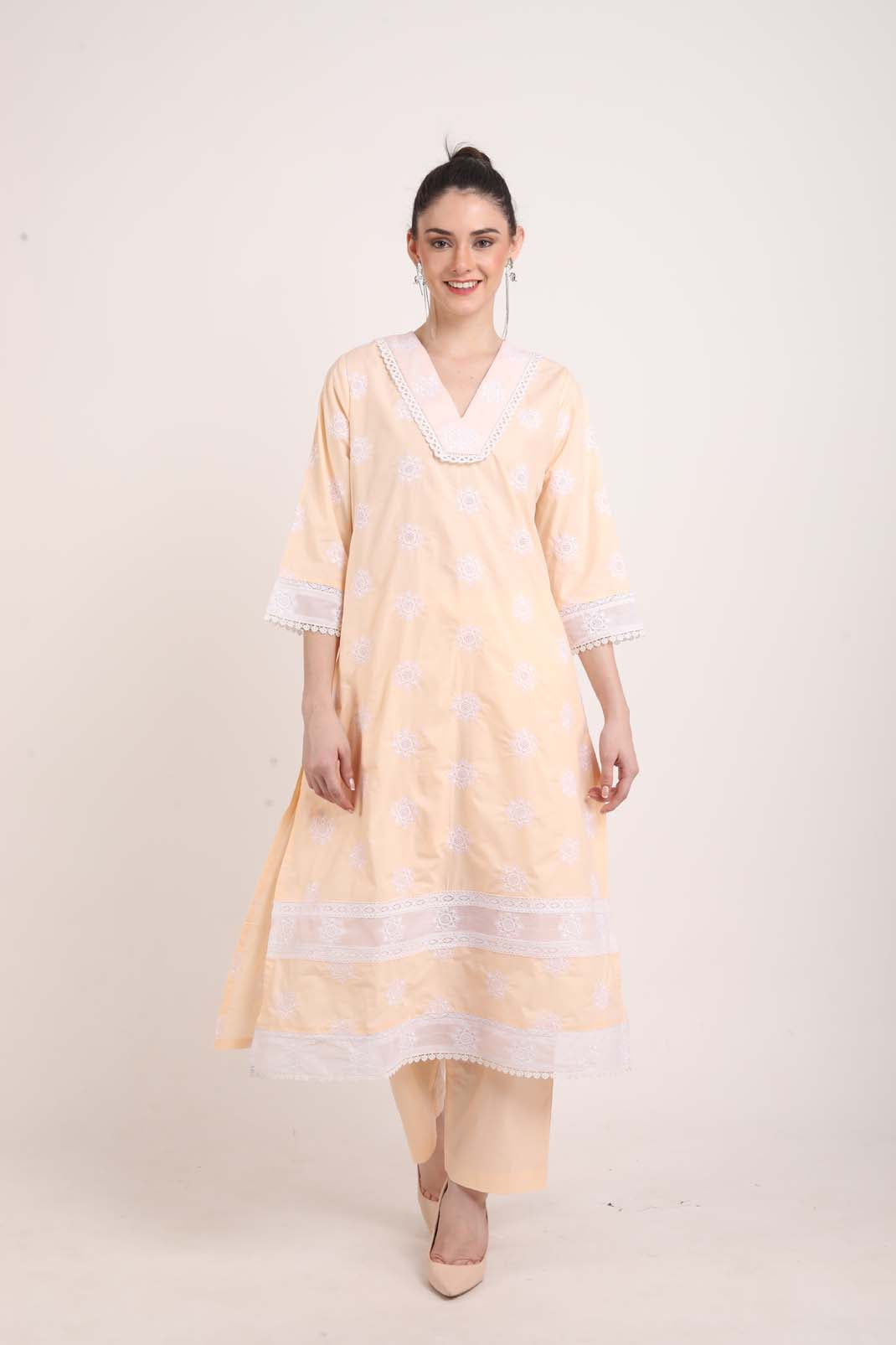 Peach Kurta with Schiffli Embroidery and Lace