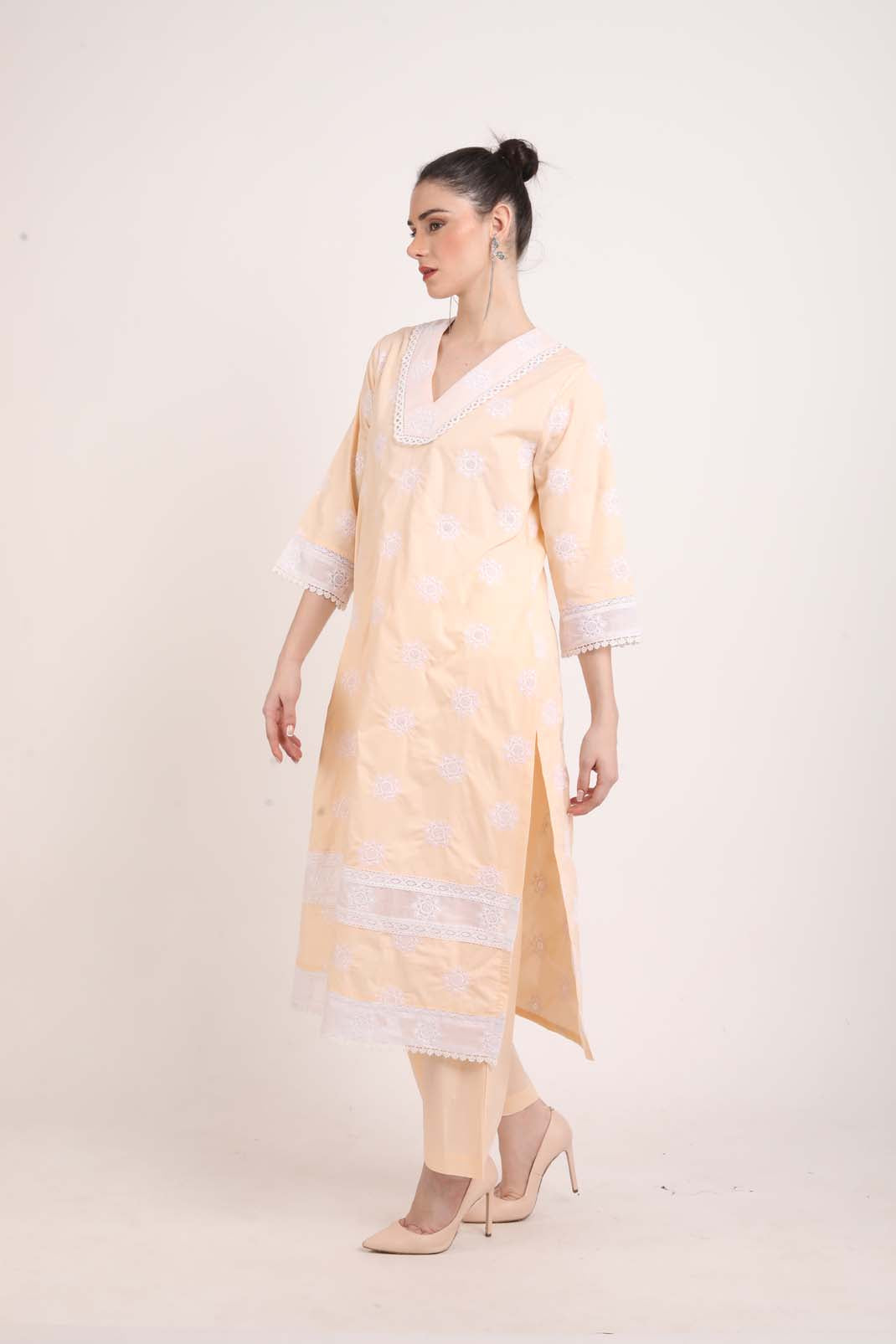 Peach Kurta with Schiffli Embroidery and Lace