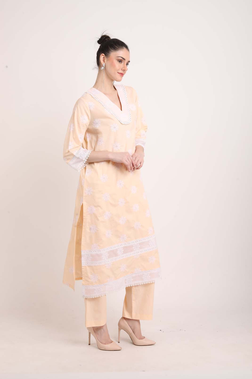 Peach Kurta with Schiffli Embroidery and Lace