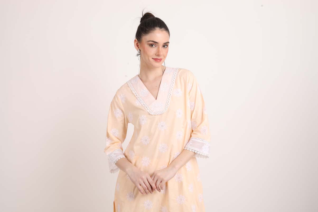 Peach Kurta with Schiffli Embroidery and Lace