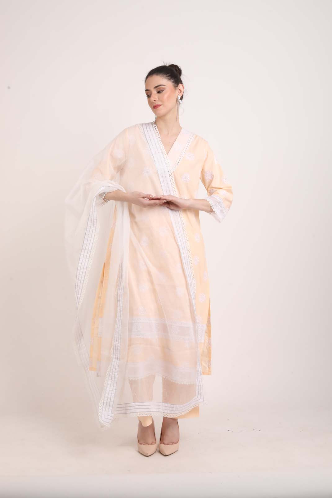 Peach Kurta with Schiffli Embroidery and Lace