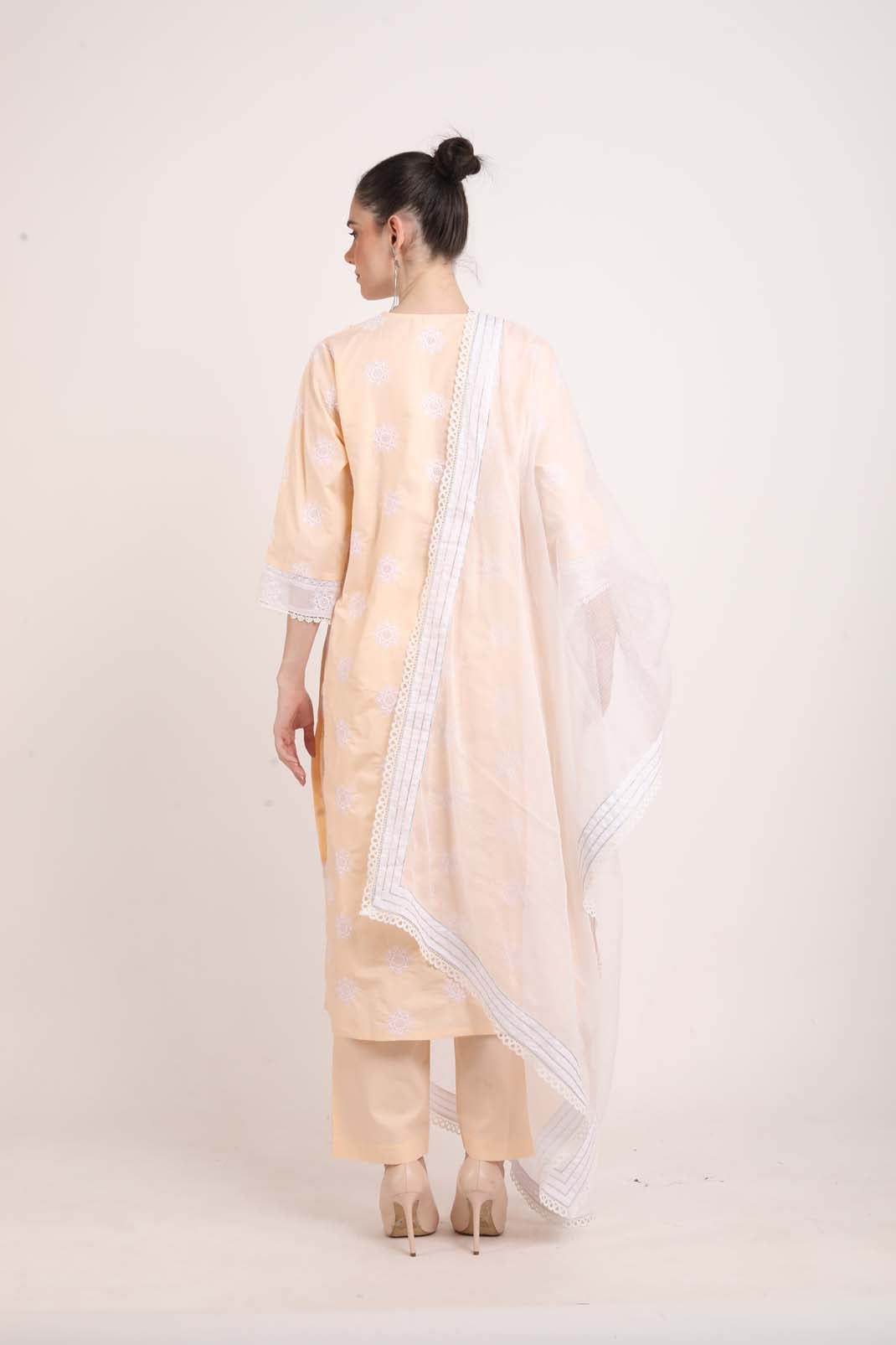 Peach Kurta with Schiffli Embroidery and Lace