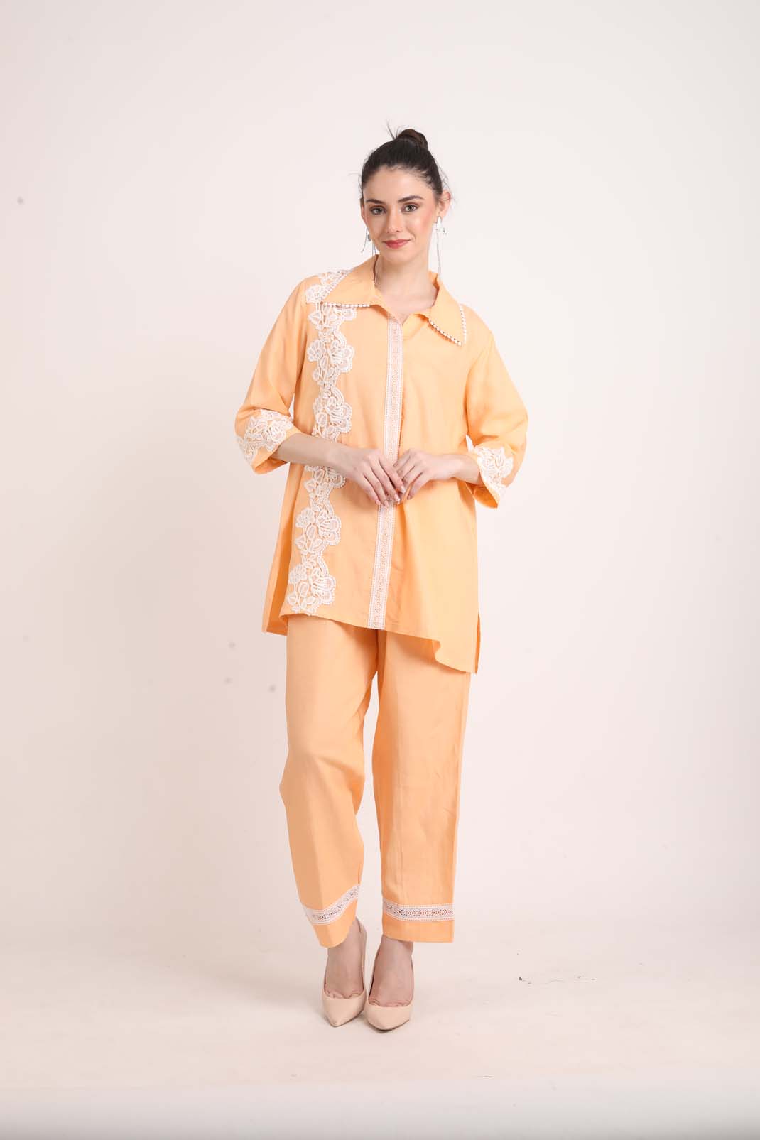 Peach Colored Linen Coord Set with Lace UCEN22171