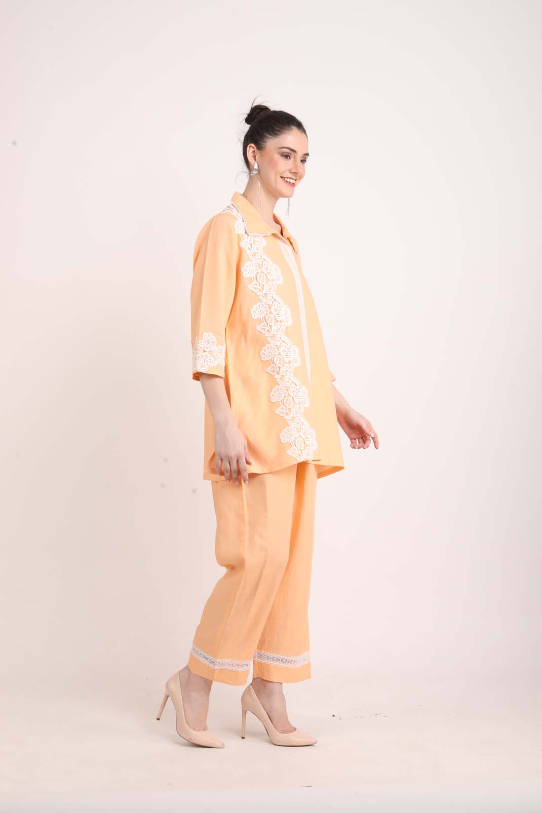 Peach Colored Linen Coord Set with Lace UCEN22171