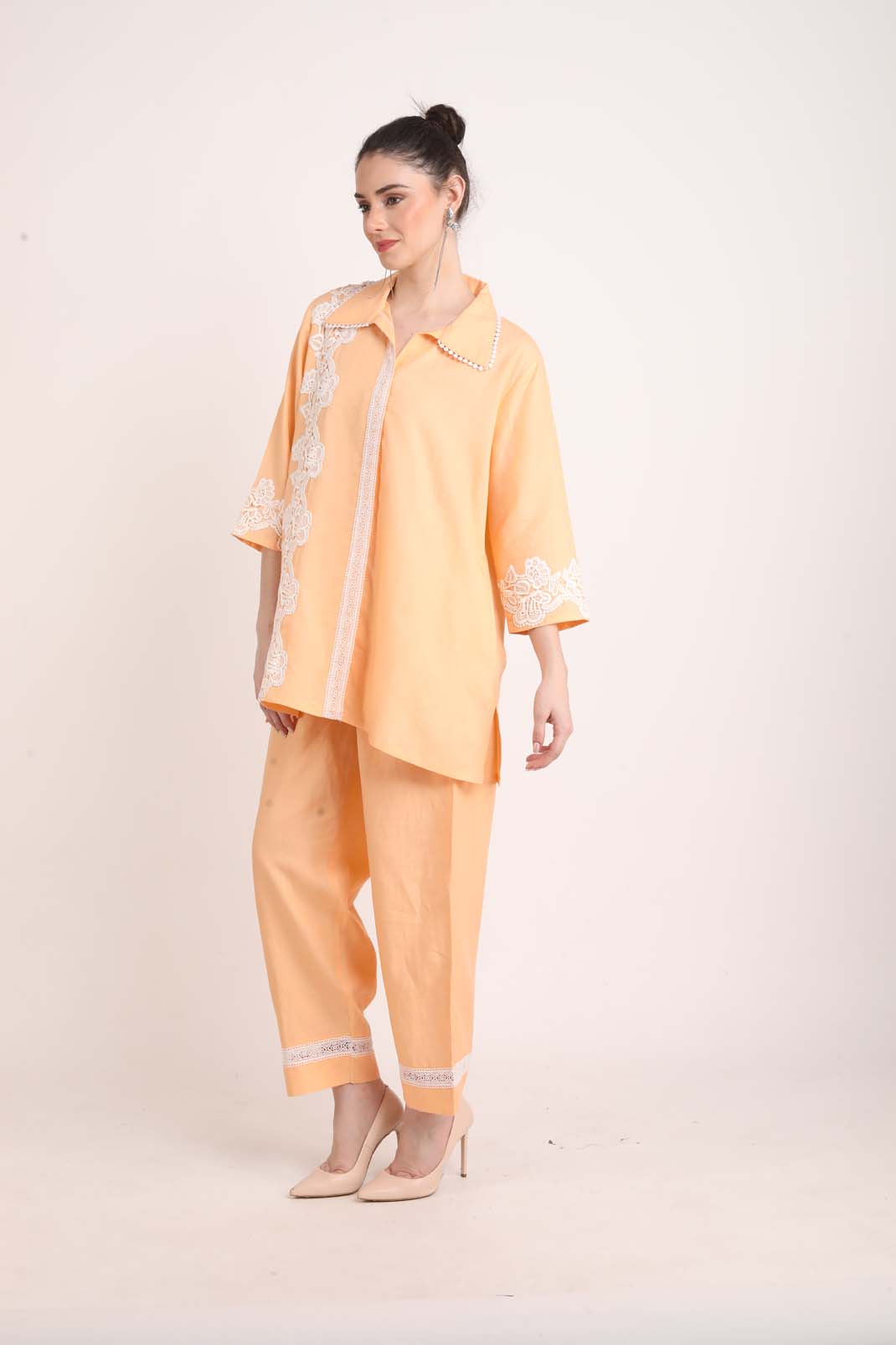 Peach Colored Linen Coord Set with Lace UCEN22171