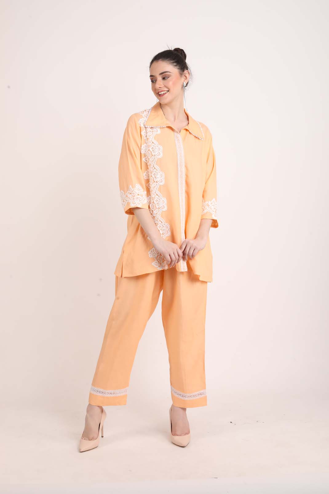 Peach Colored Linen Coord Set with Lace UCEN22171