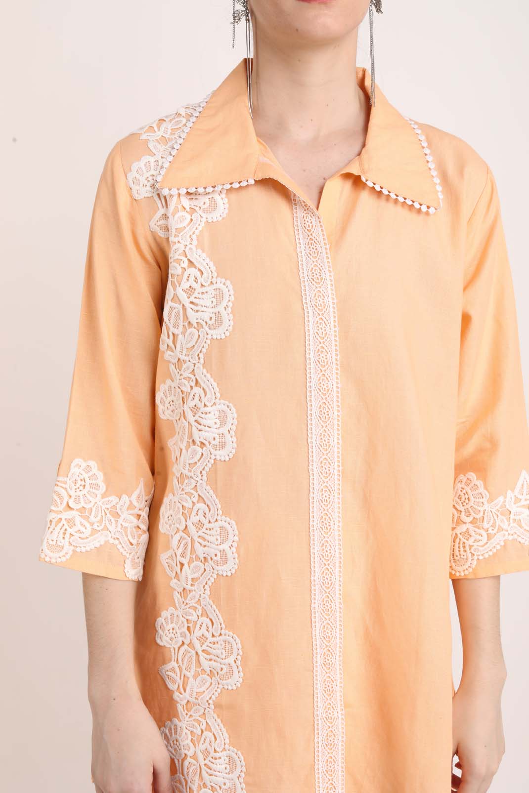 Peach Colored Linen Coord Set with Lace UCEN22171