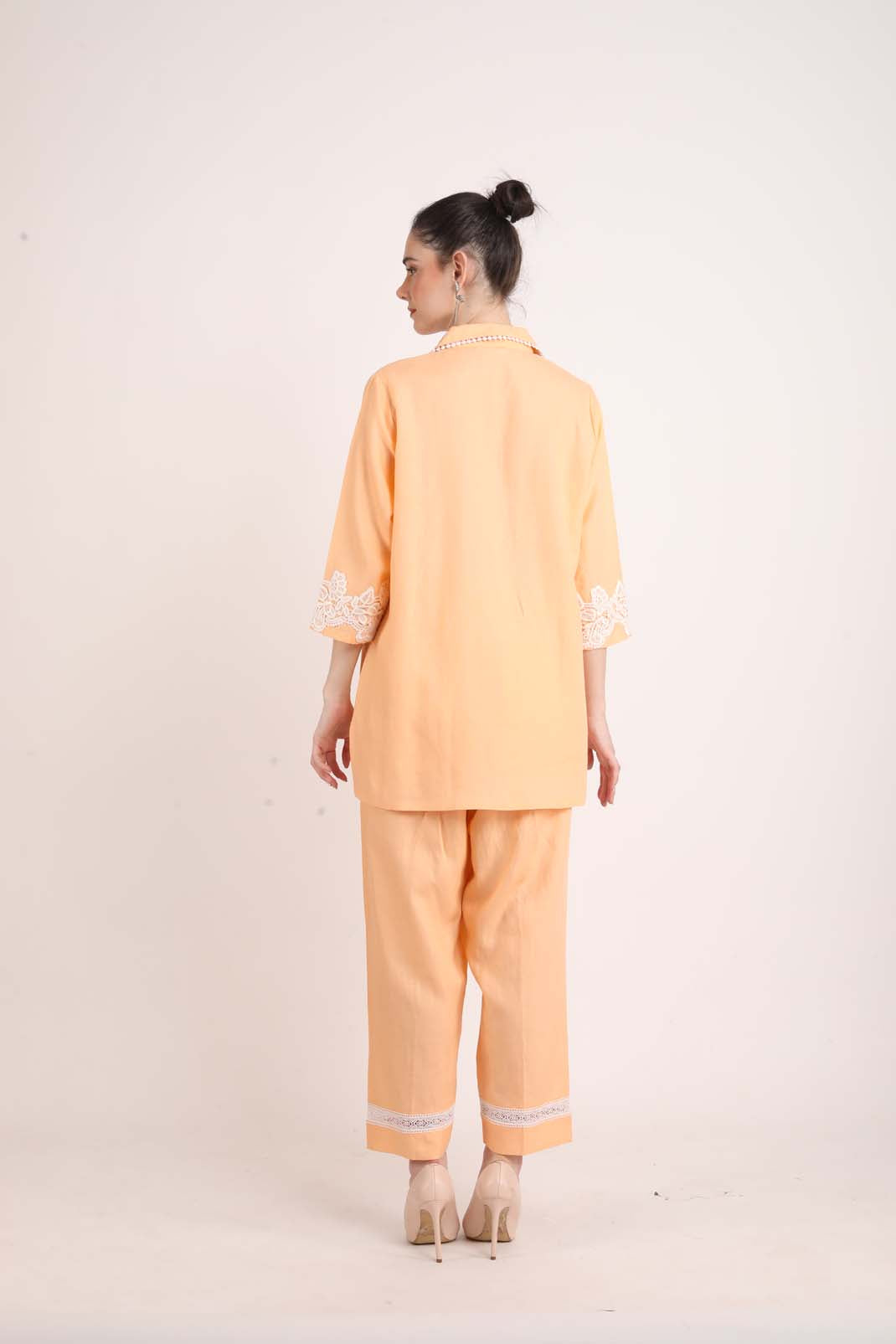 Peach Colored Linen Coord Set with Lace UCEN22171