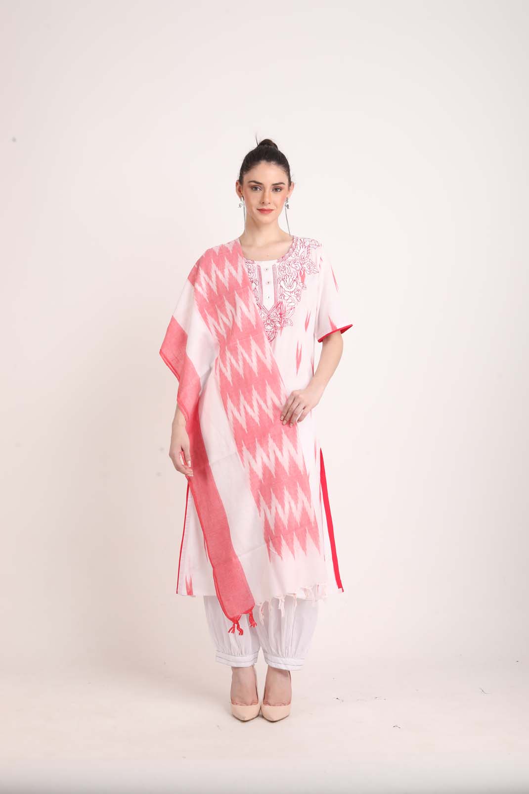 Pink And White Ikkat Kurta with Dupatta UCK22163