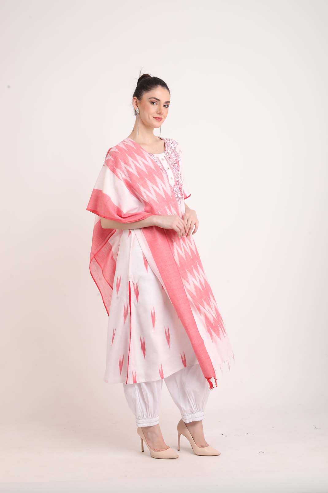 Pink And White Ikkat Kurta with Dupatta UCK22163