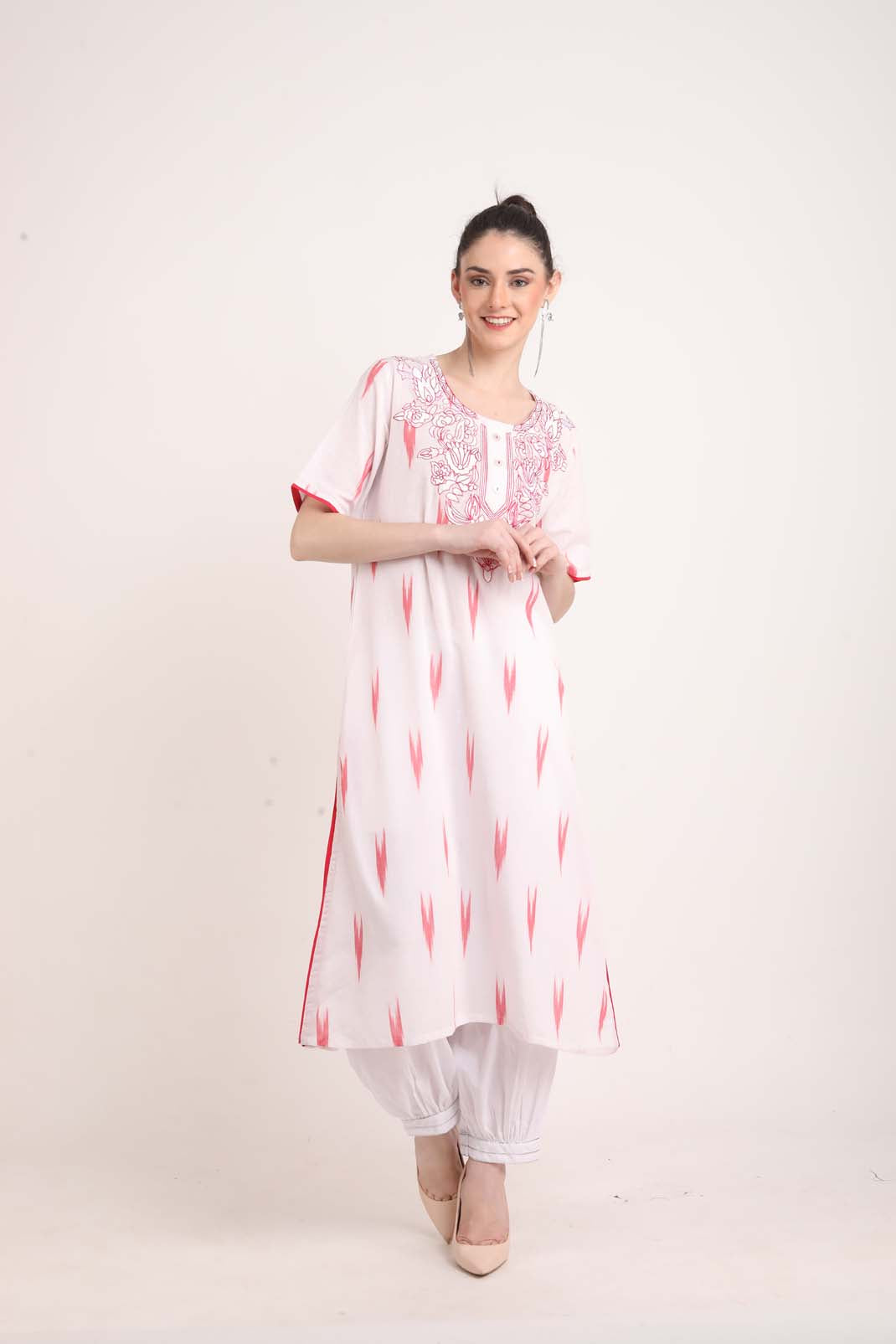 Pink And White Ikkat Kurta with Dupatta UCK22163