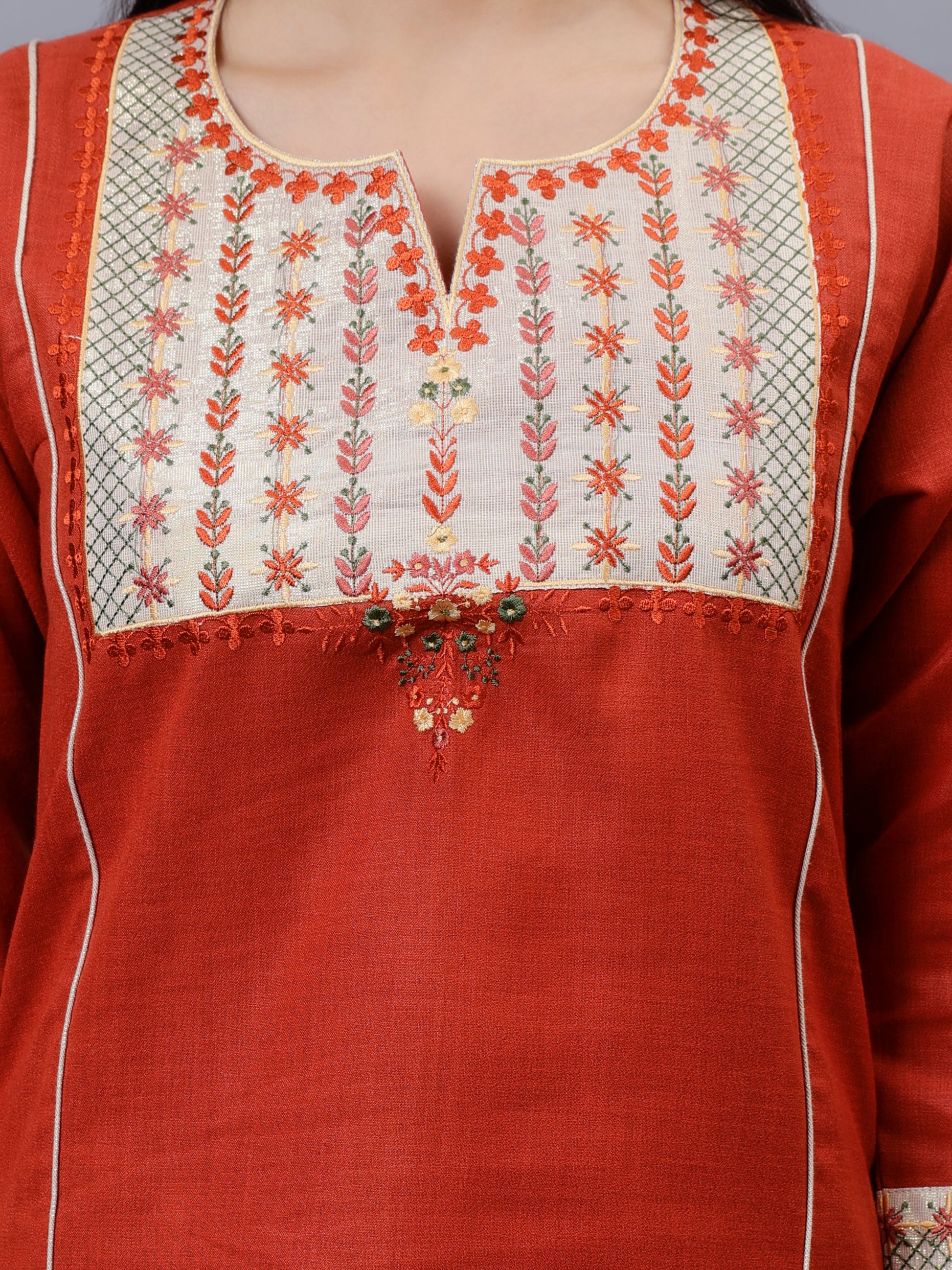 Rust Cotton Matka Embroidered Kalidar Kurta