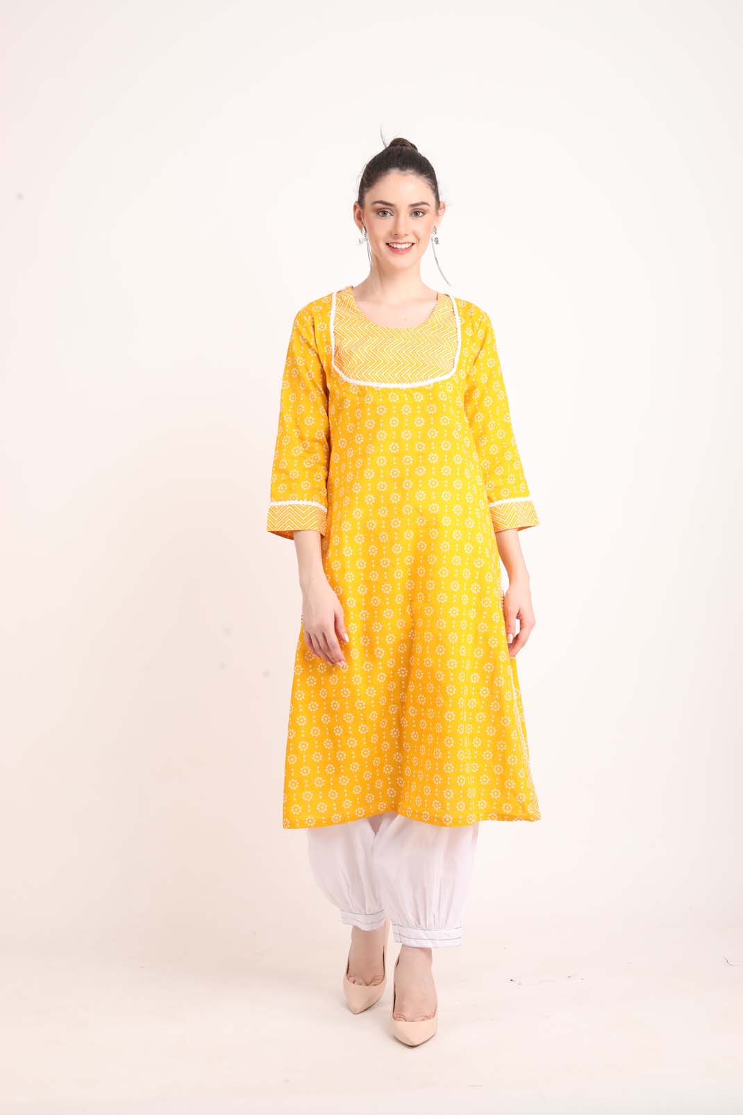 Ochre Yellow A Line Printed Kurta UCK22160