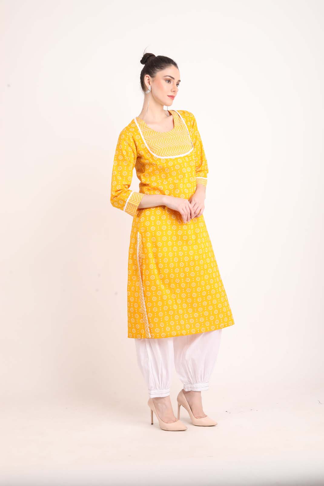 Ochre Yellow A Line Printed Kurta UCK22160