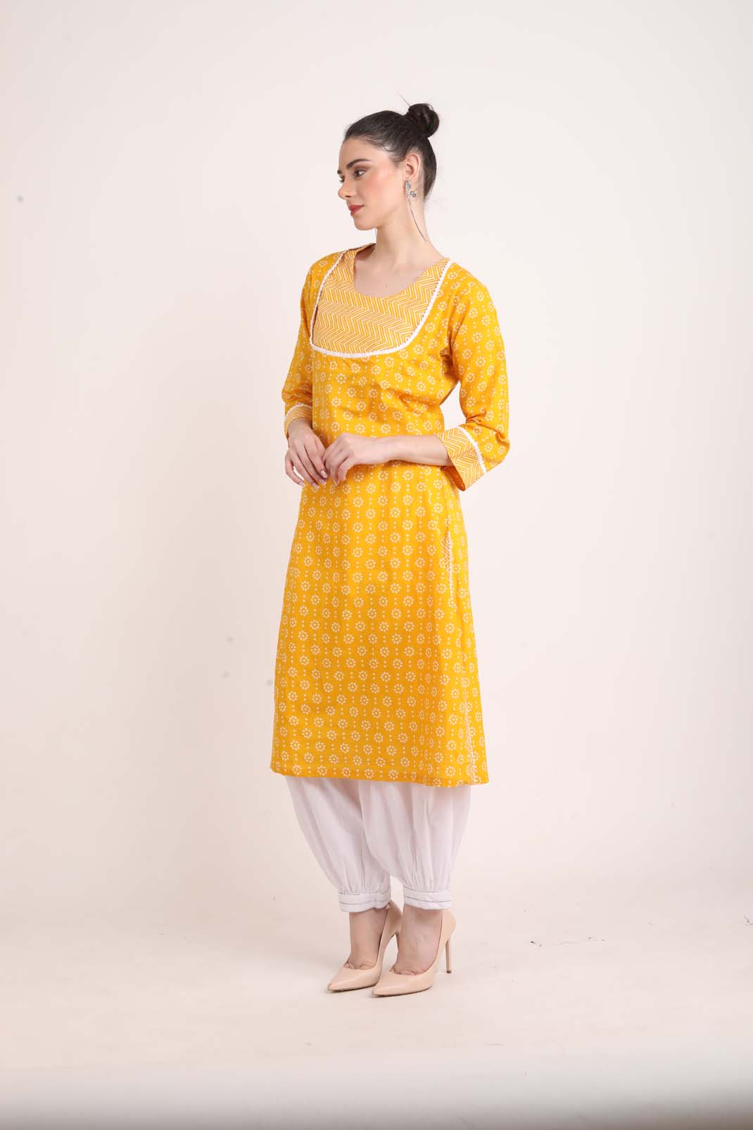 Ochre Yellow A Line Printed Kurta UCK22160