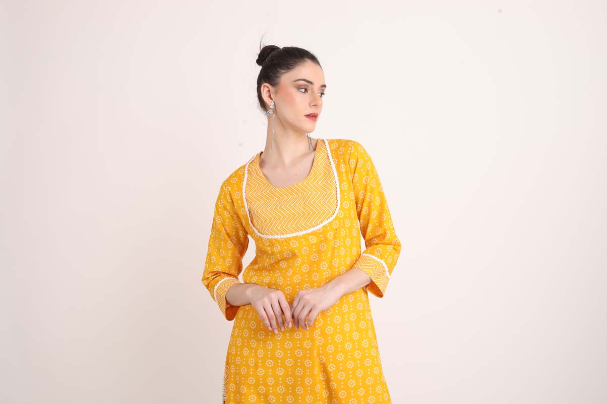 Ochre Yellow A Line Printed Kurta UCK22160