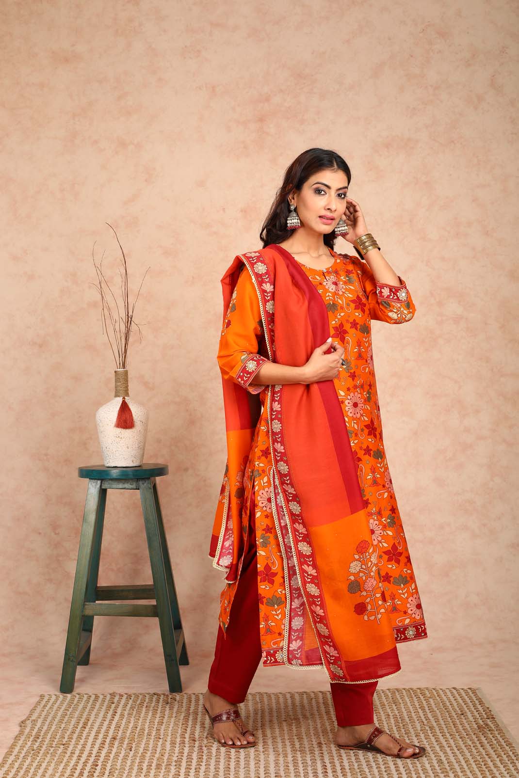 Ahilya Orange Floral Chanderi Kurta UCK22131