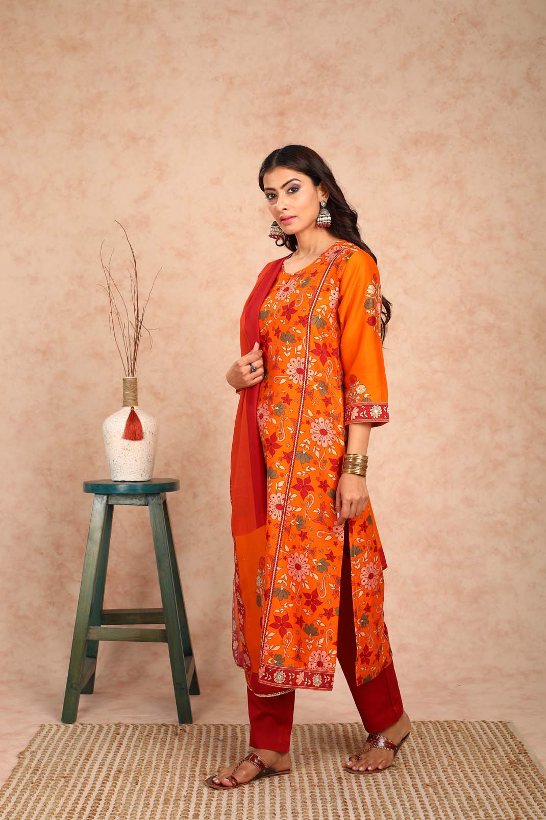 Ahilya Orange Floral Chanderi Kurta UCK22131