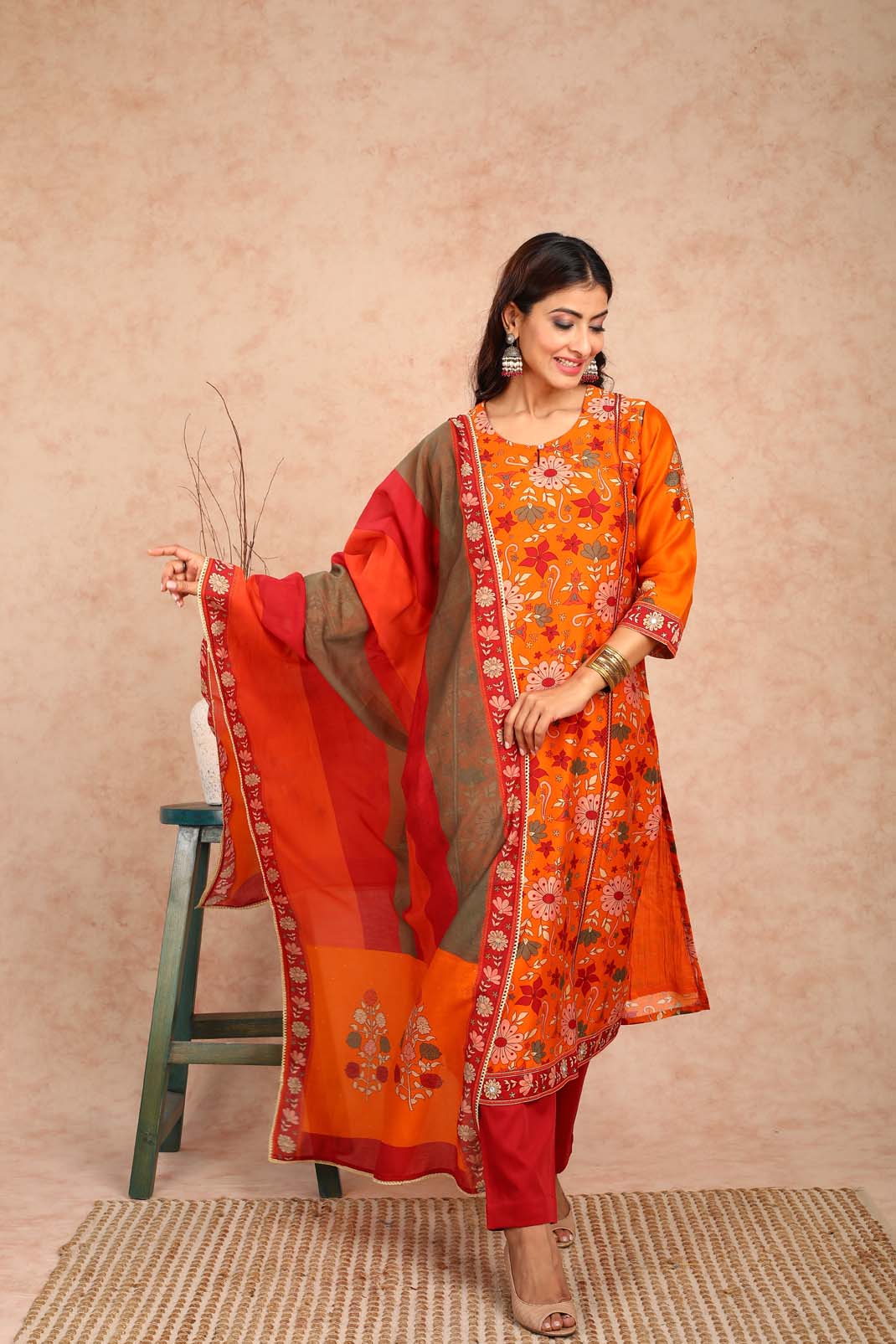 Ahilya Orange Floral Chanderi Kurta UCK22131