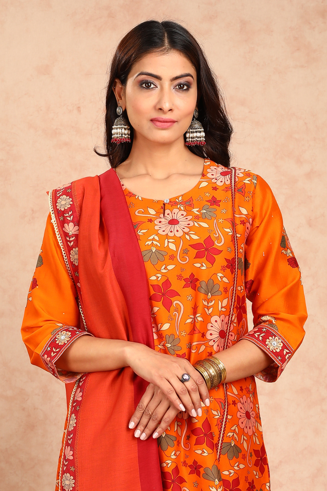 Ahilya Orange Floral Chanderi Kurta UCK22131