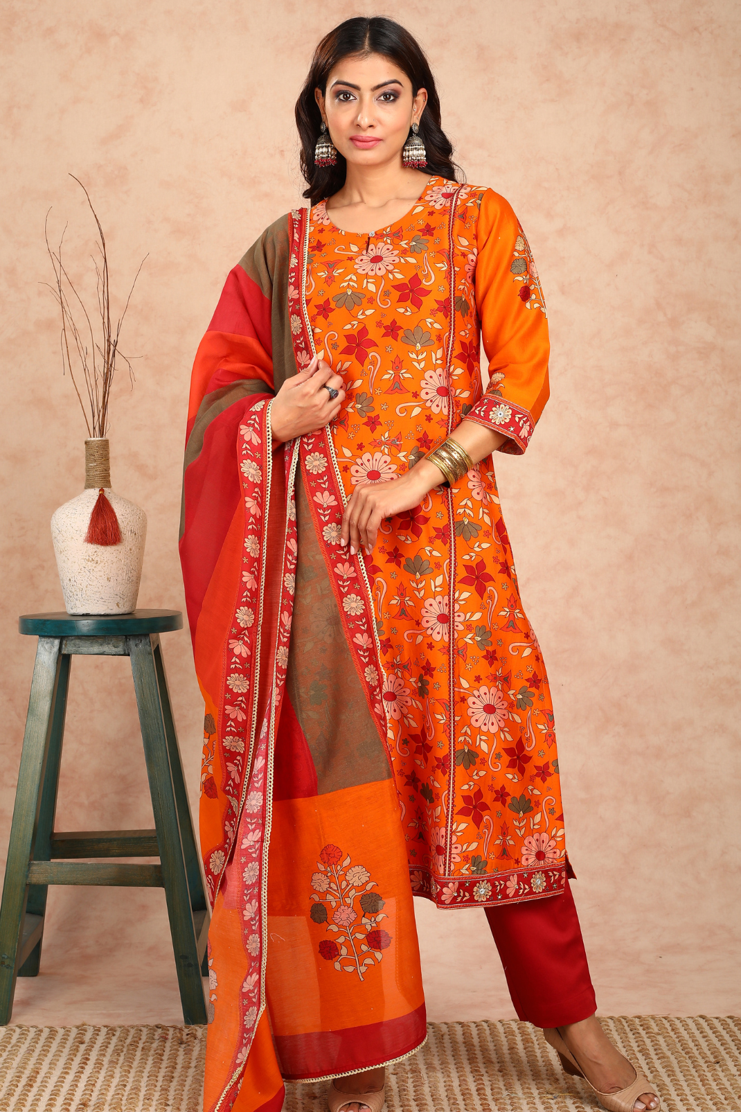 Ahilya Orange Floral Chanderi Kurta UCK22131