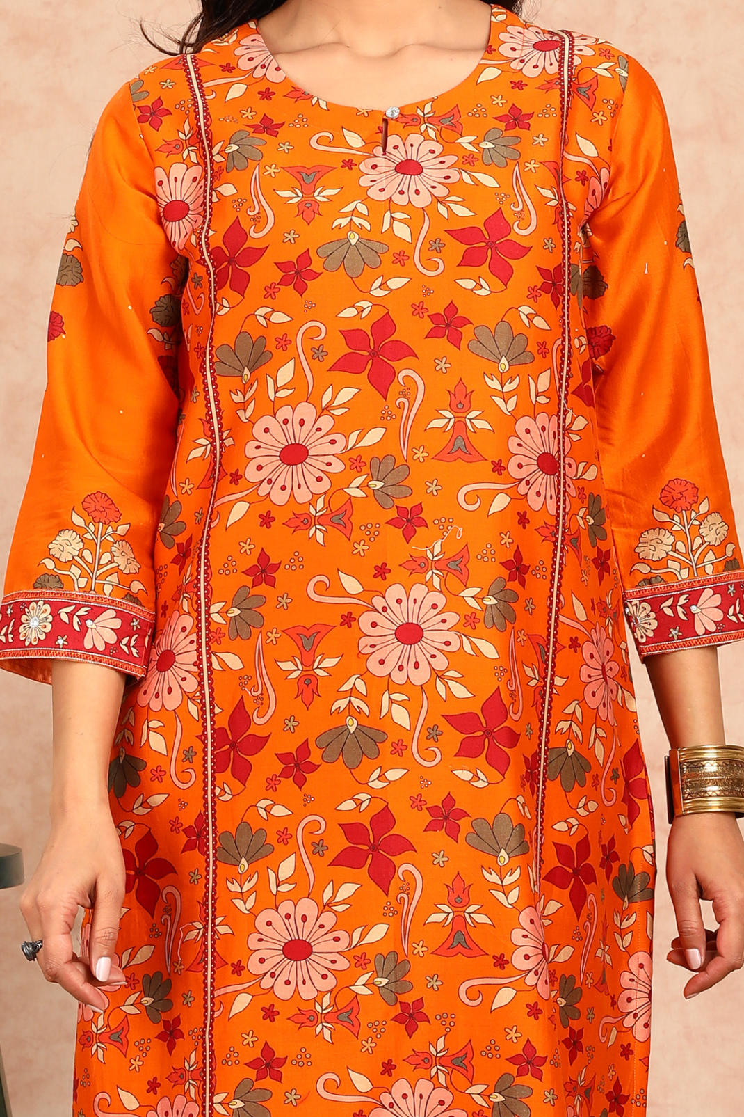 Ahilya Orange Floral Chanderi Kurta UCK22131