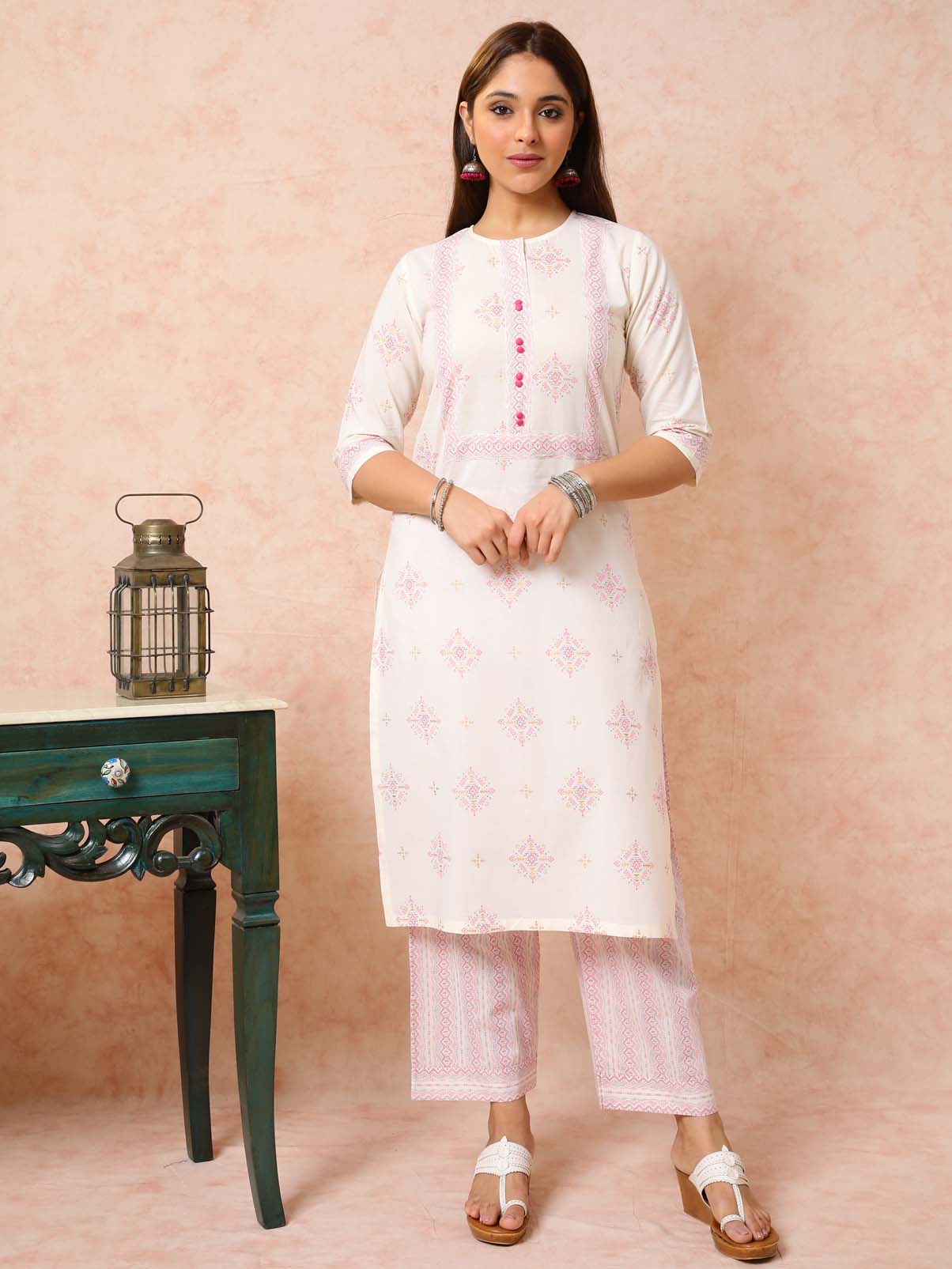 Pink & Cream Printed Straight Kurta UCK22078