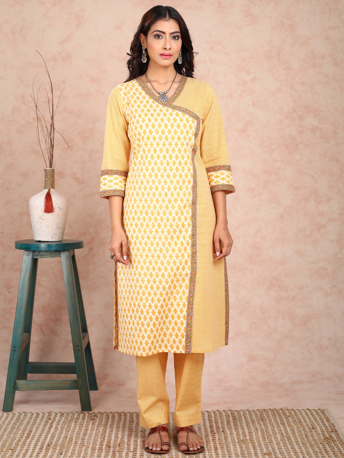 Yellow Print Angrakha Style Kurta UCK22132