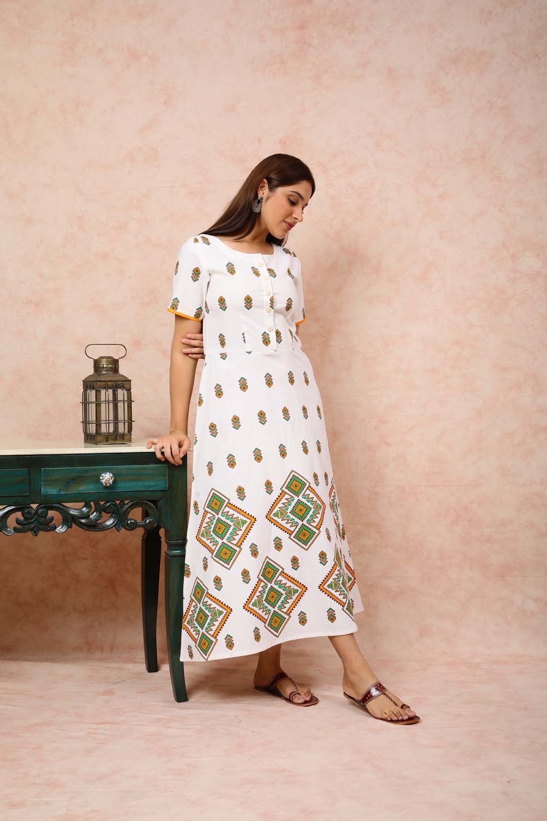Printed Pure Linen Front Buttoned Dress