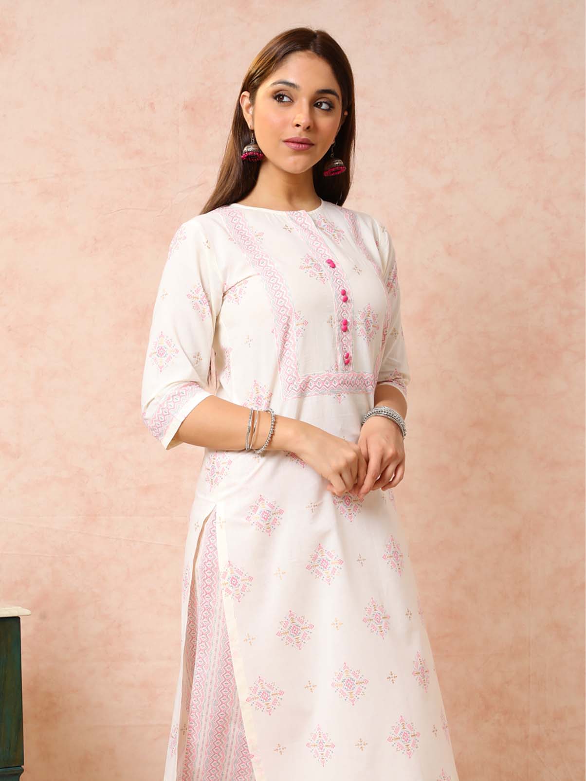 Pink & Cream Printed Straight Kurta UCK22078