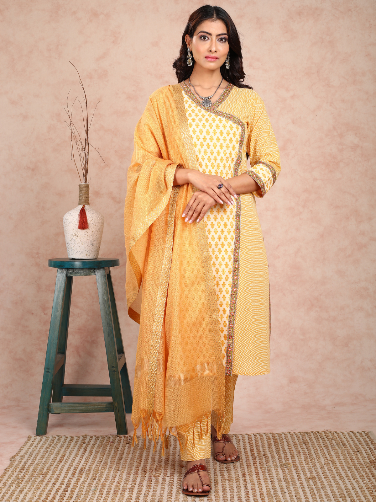 Yellow Print Angrakha Style Kurta UCK22132