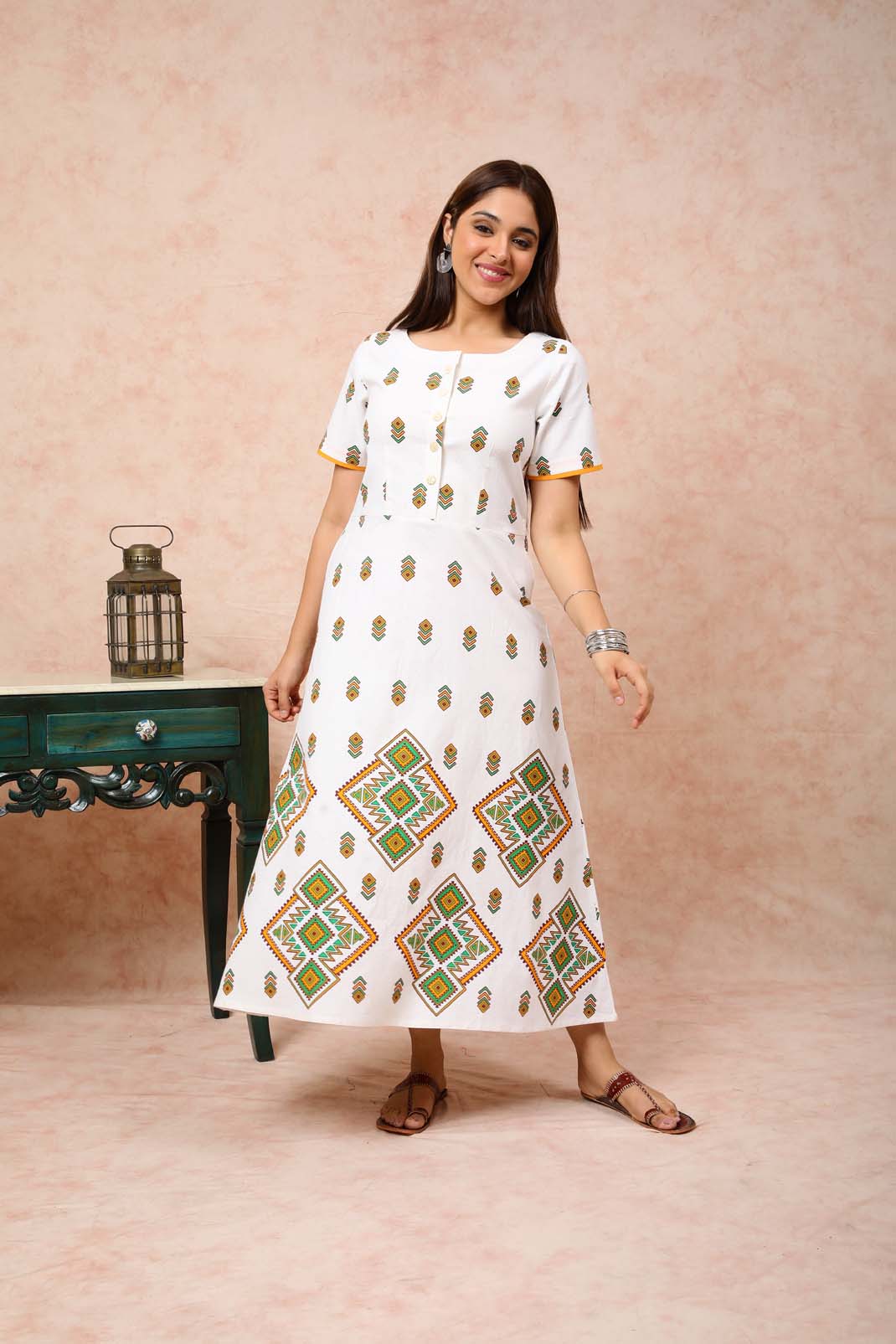 Printed Pure Linen Front Buttoned Dress