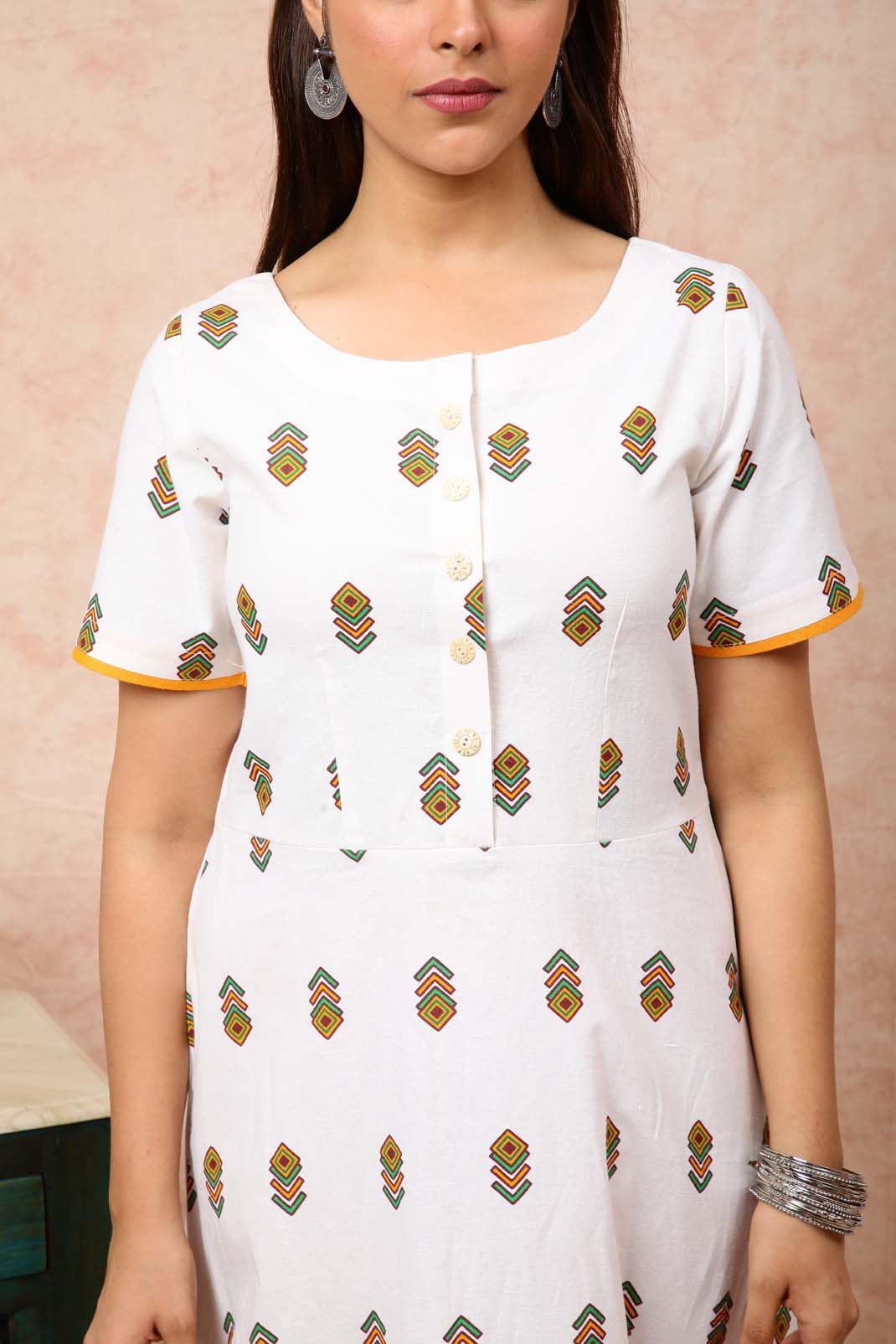 Printed Pure Linen Front Buttoned Dress