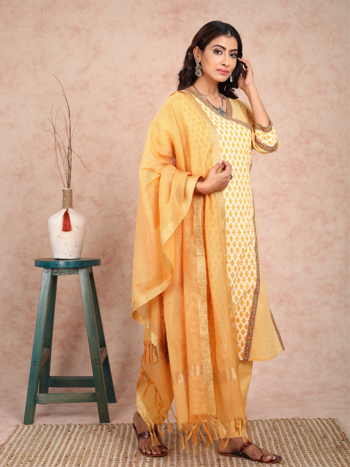 Yellow Print Angrakha Style Kurta UCK22132