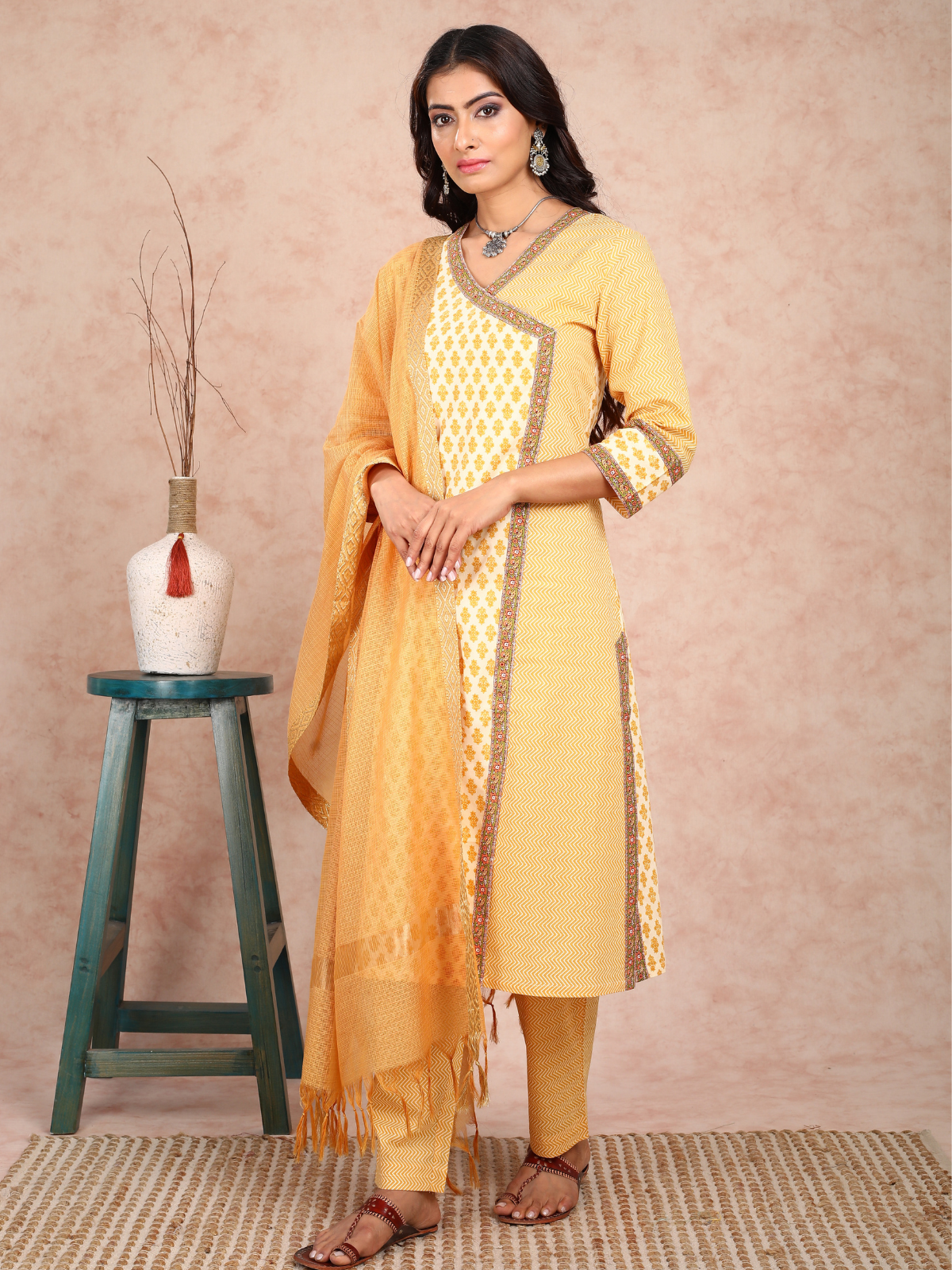 Yellow Print Angrakha Style Kurta UCK22132