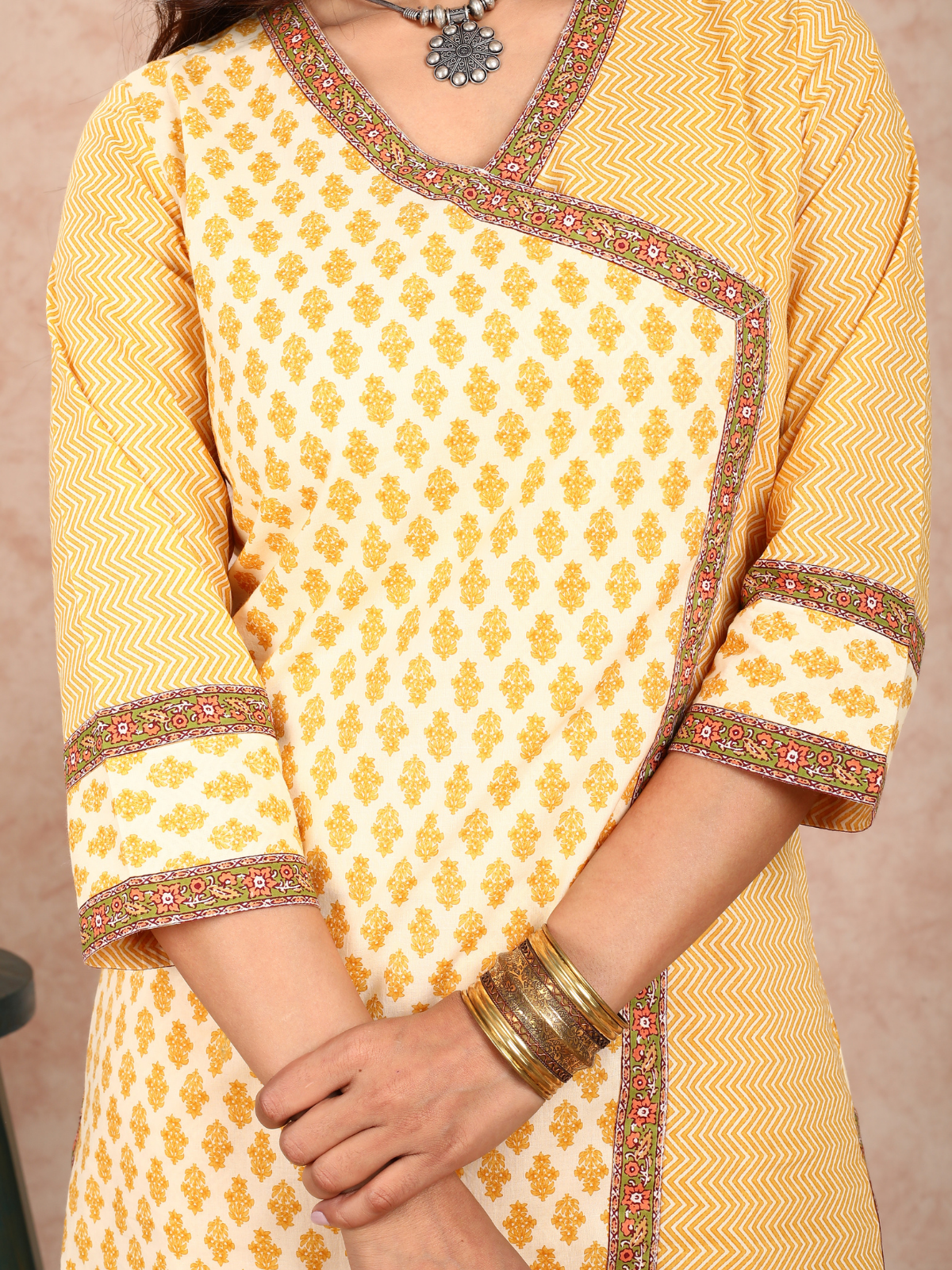 Yellow Print Angrakha Style Kurta UCK22132