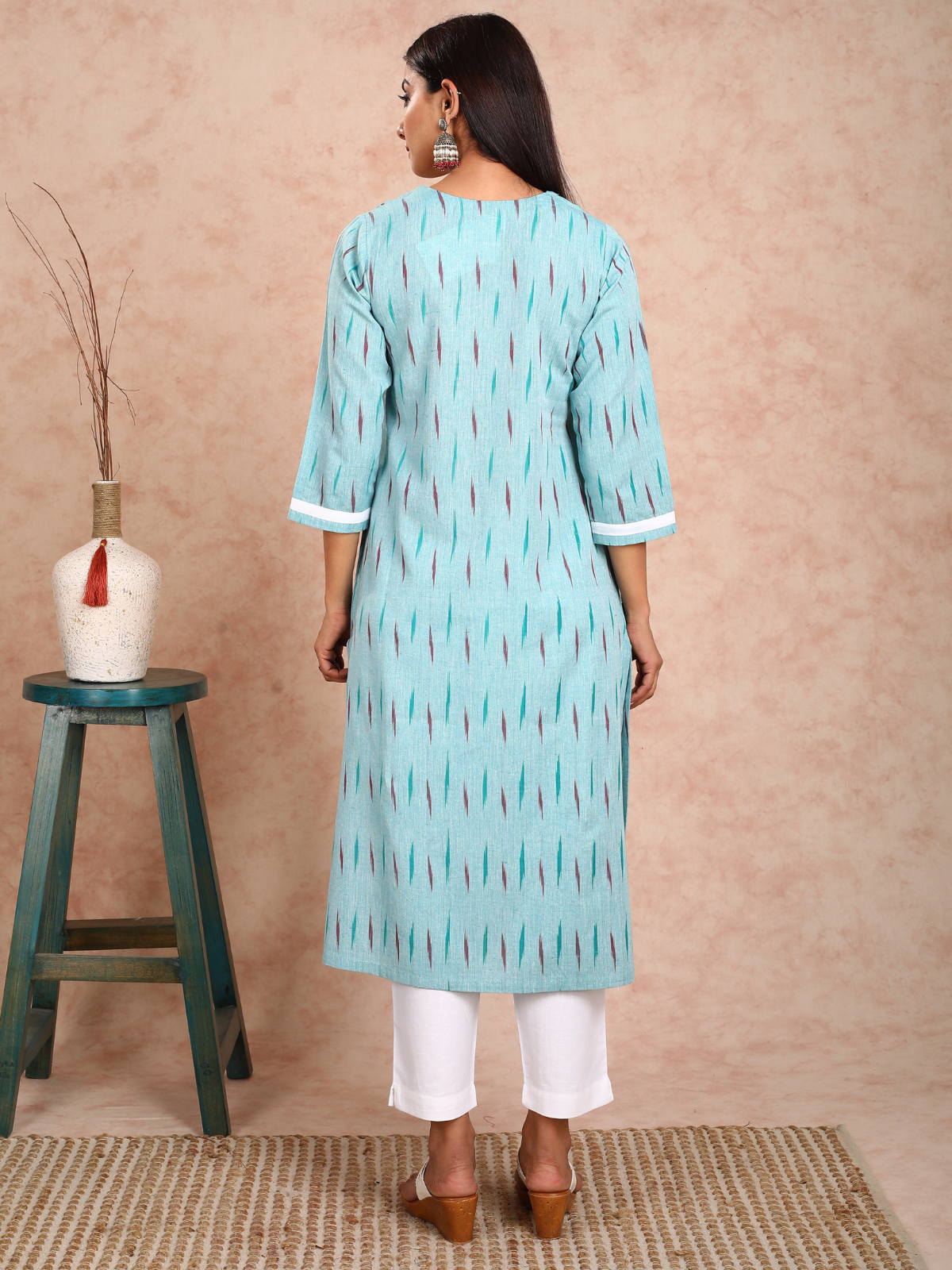 Turquoise & White Ikkat False Jacket Kurta UCK22133