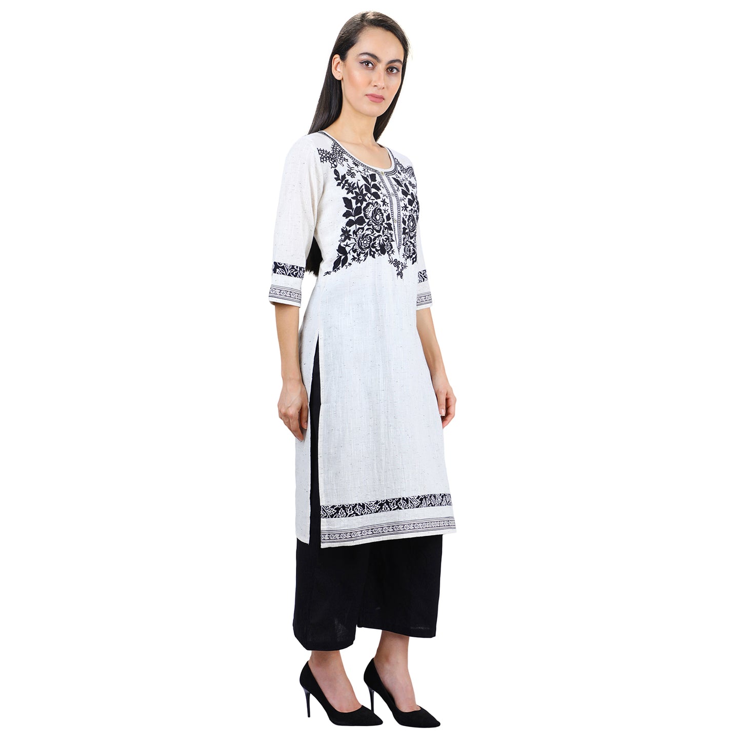 Handloom Fabric Classic Black and White Embroidered Kurti UCK22021